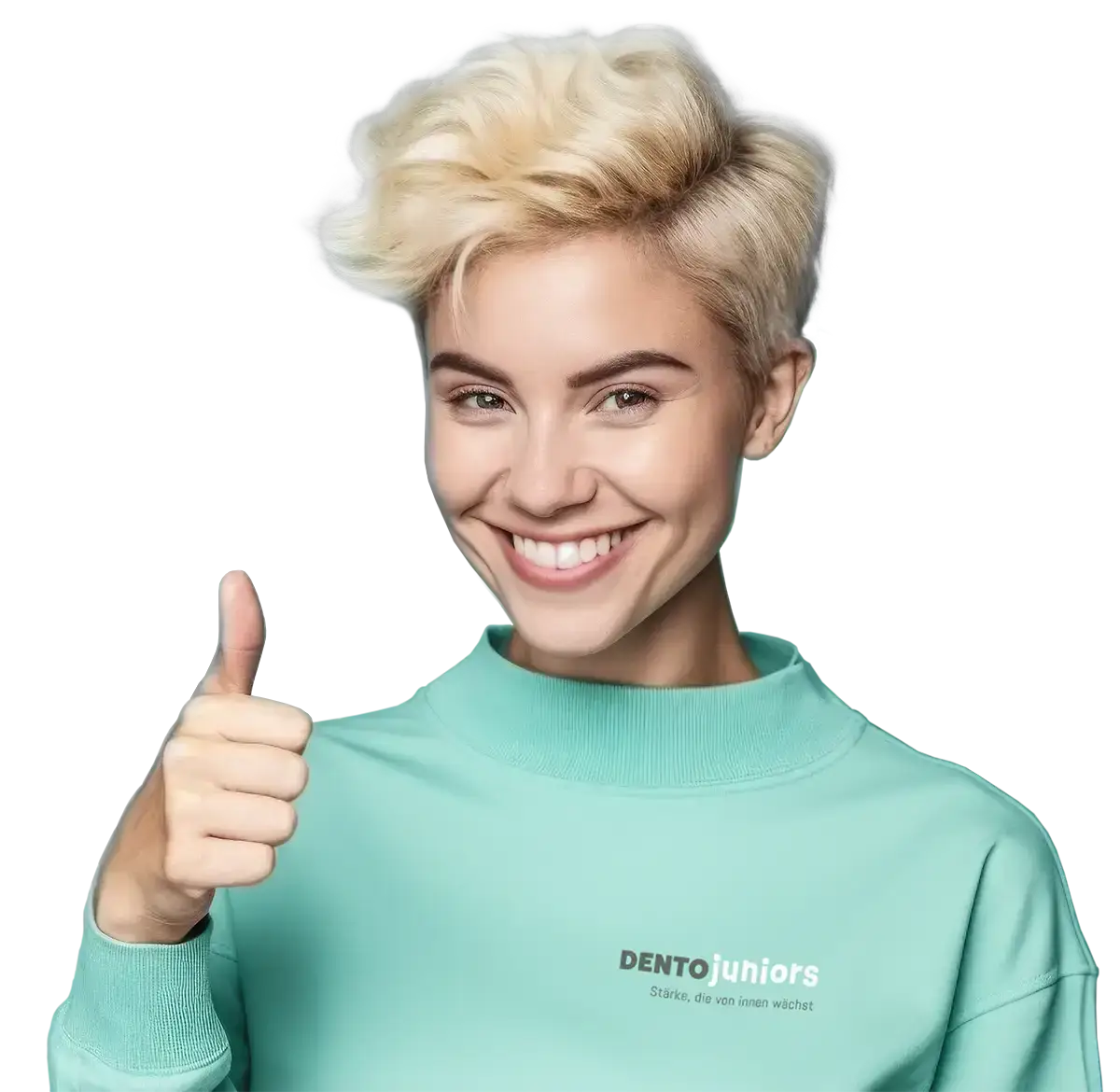 Dentojuniors Mitarbeiterin mit Daumen hoch