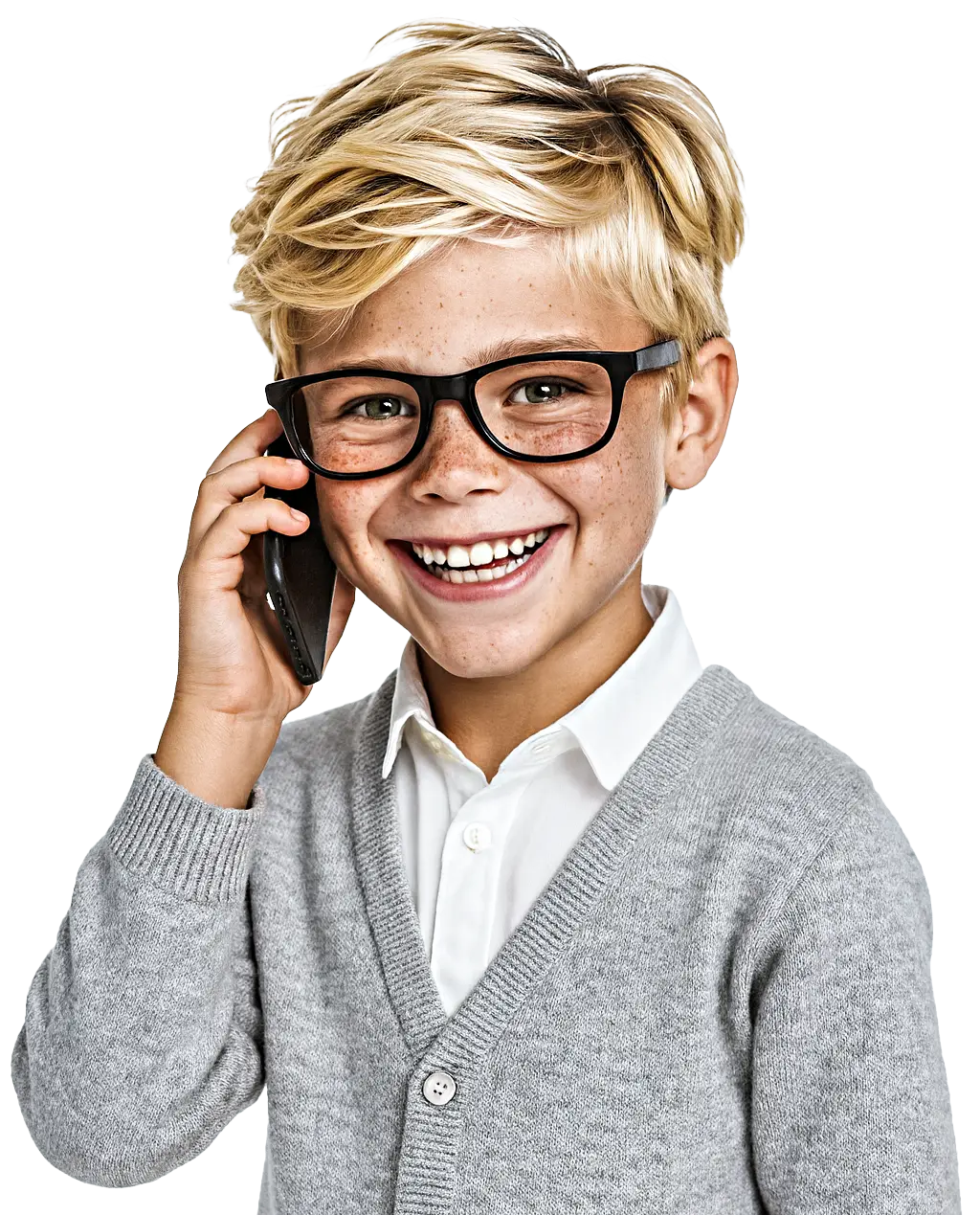 Dentojuniors-Kind am Telefon